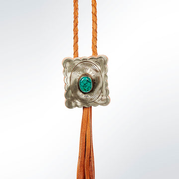 LC-ADJW101 Men's Western Jewelry Necklace with Silver Concho, Turquoise Stone & Leather Fringe